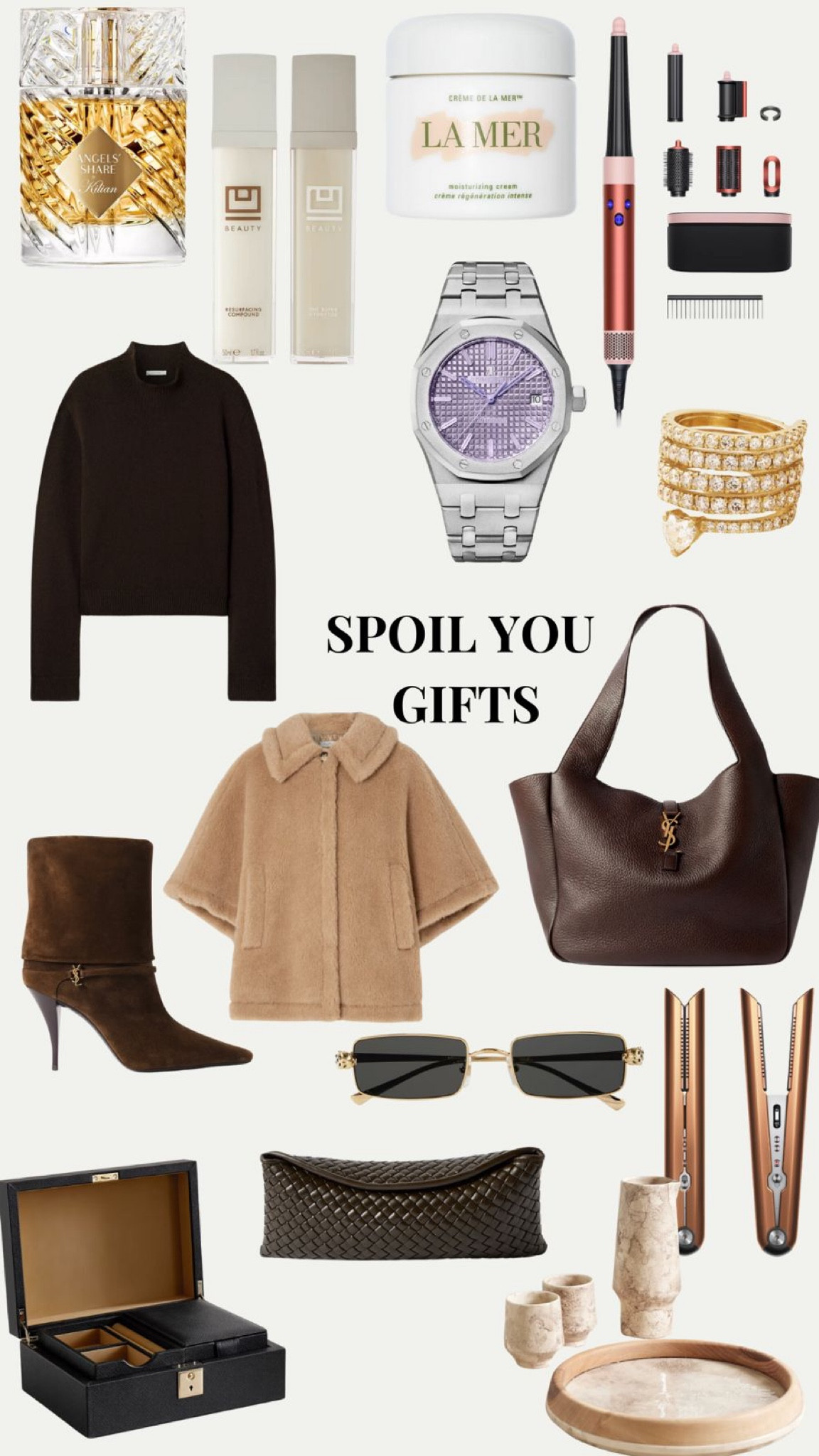 Spoil You Gifts, Gift Guides, Christmas Gifts Ideas, Dayson Airwrap, Angles Share Parfum, La Mer Cream, Mad Audemars Puguet Watch, Bottega Pouch, Brunello Cuconelli Set