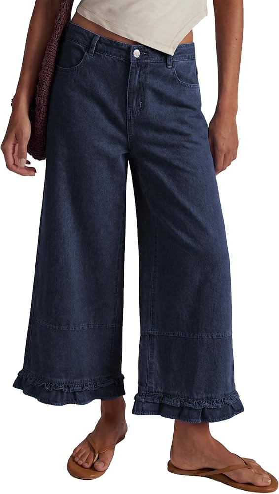 EVALESS Womens Wide Leg Jeans 2026 Trendy Mid-Rise Cropped Baggy Jeans Loose Fit Cute Ruffle Hem ... | Amazon (US)