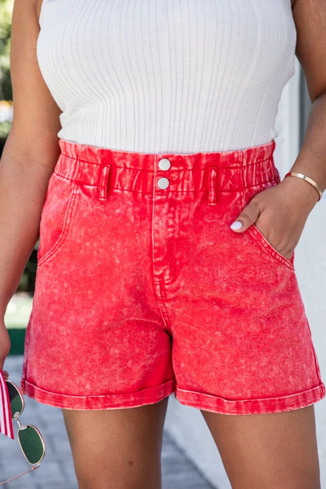 Just What You Need Red Paperbag Waist Acid Wash Shorts | Pink Lily