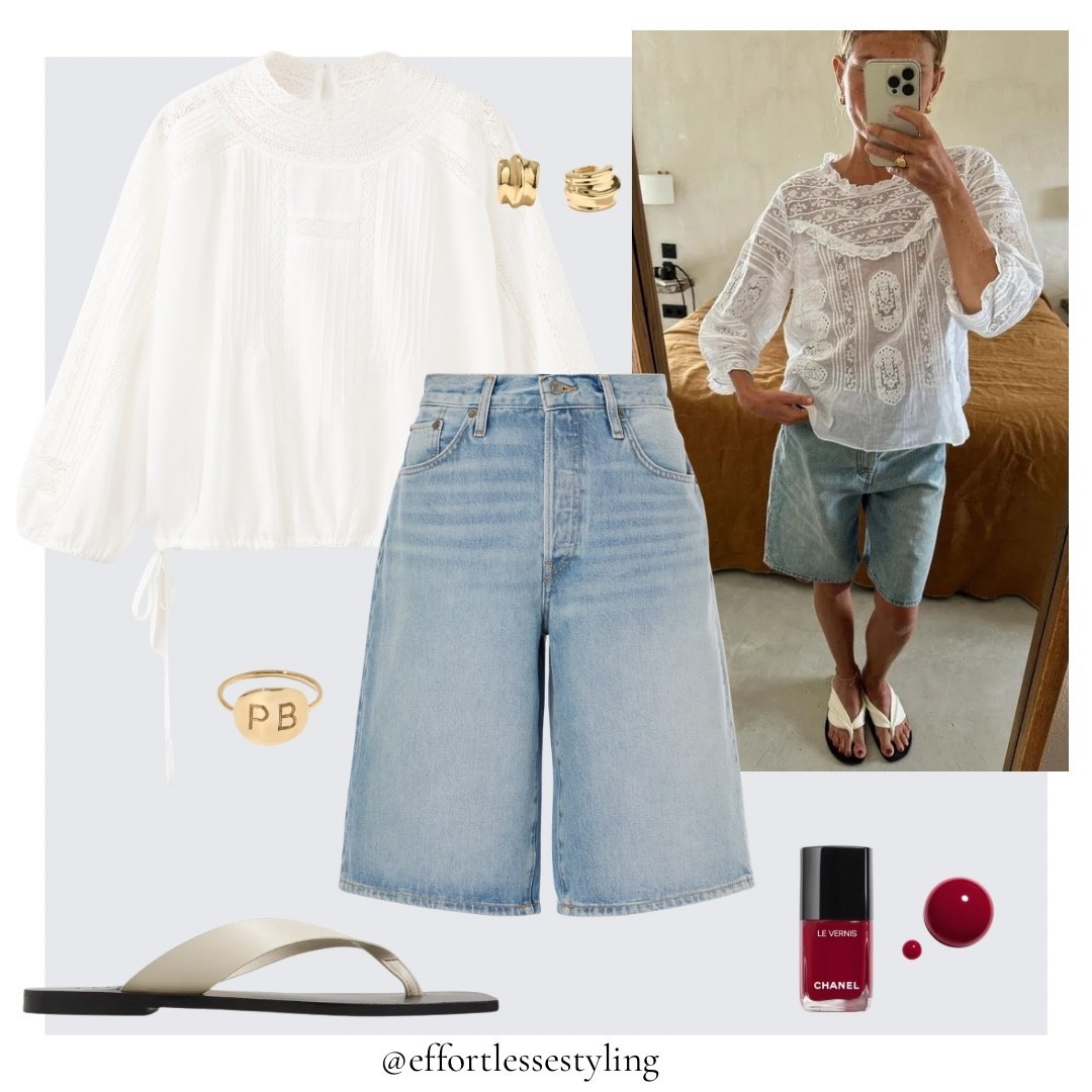Casual Spring denim shorts outfit. 

Light blue denim Bermuda shorts, red nail polish, ecru and black leather flip flops, gold wave earrings, gold modern signet ring, off white embroidered open work blouse. 

#LTKuk #LTKstyletip #LTKspring