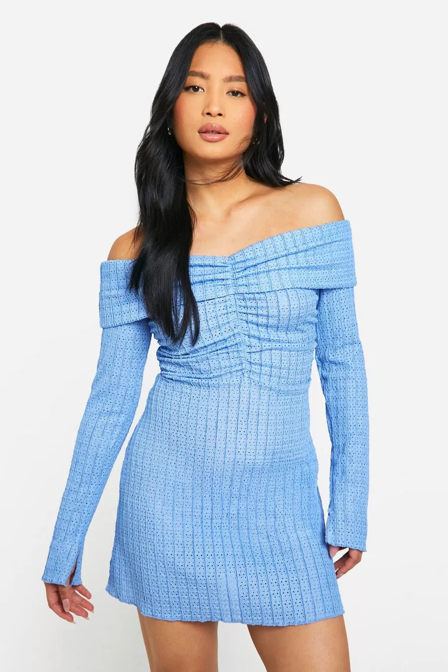 Petite Textured Bardot Mini Dress | Nasty Gal US