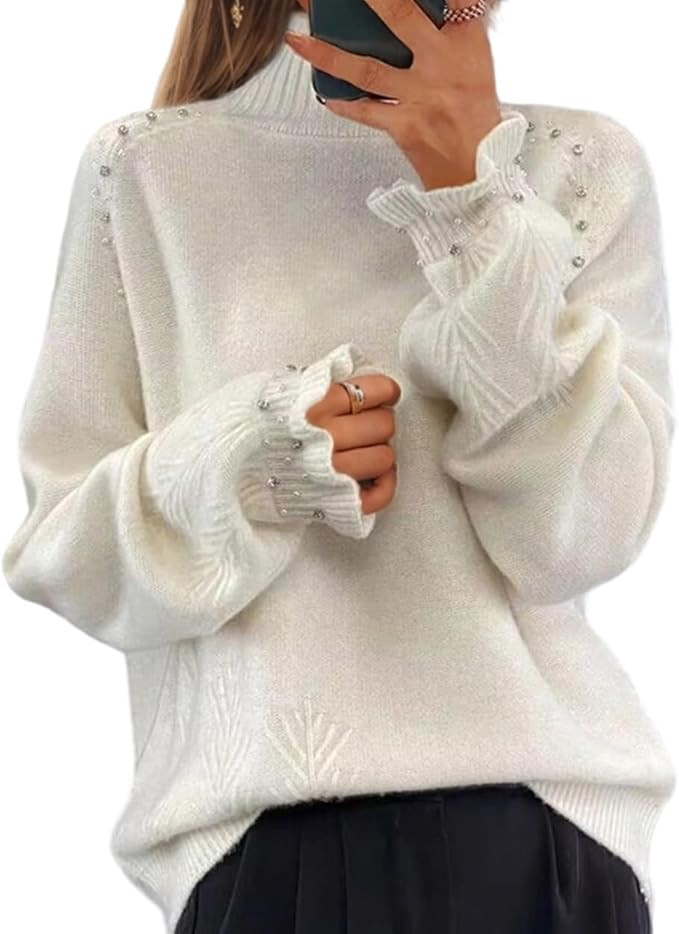 Women's Elegant Rhinestone Design Turtleneck Novel Sweaters, White Long Sleeve Loose Knit Jumper ... | Amazon (US)