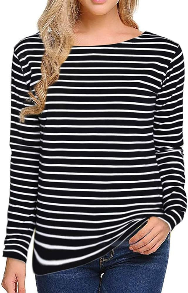 Women's Long Sleeve Striped T-Shirt Tee Shirt Tops Slim Fit Blouses | Amazon (US)