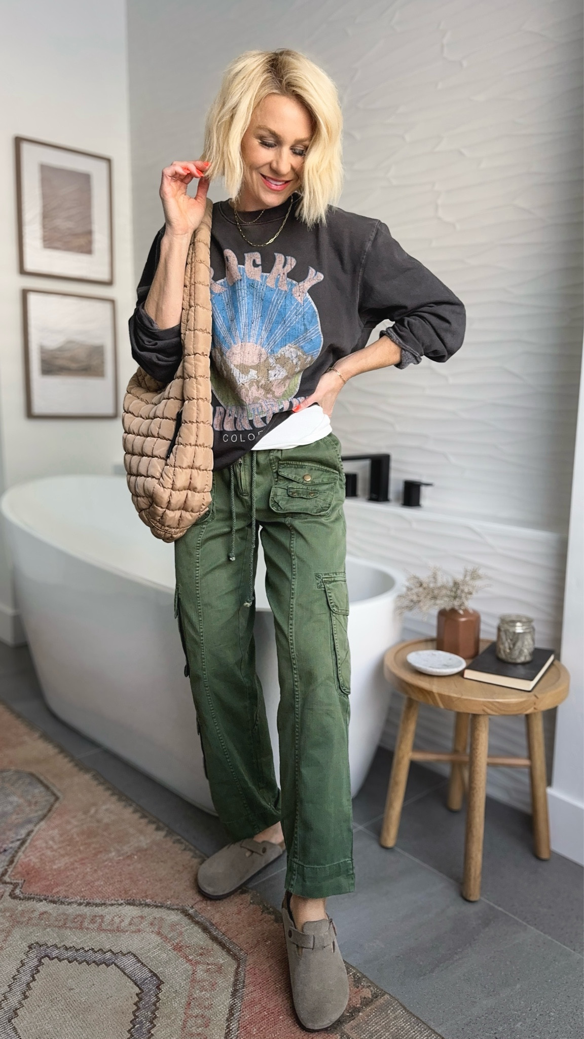 Endless ways to style these cargos! They look great dressed up or down. Sneakers, pump or clog!👌🏽favorite $8 tank & graphic tee & sweatshirt brand! 
Sizing~
Cargos: run big, sized down to a small (color kelp)
Tank: tts
Sweatshirt: tts, perfectly oversized. Wearing a medium 
Clogs: I size up in this style.
Lip: 008
Bag: this color is sold out again. Linked Amazon one too.

#LTKSeasonal #LTKtravel