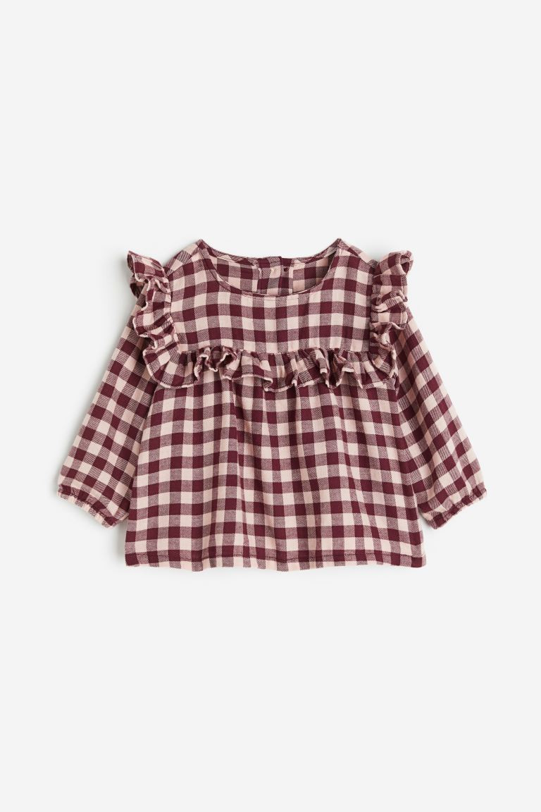 Ruffle-trimmed Flannel Blouse - Dark red/checked - Kids | H&M US | H&M (US + CA)