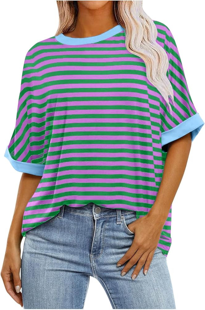Striped Shirt Women, Oversized Tshirts for Women, Summer Tops 2024 Trendy, Women's Fashion Half S... | Amazon (US)