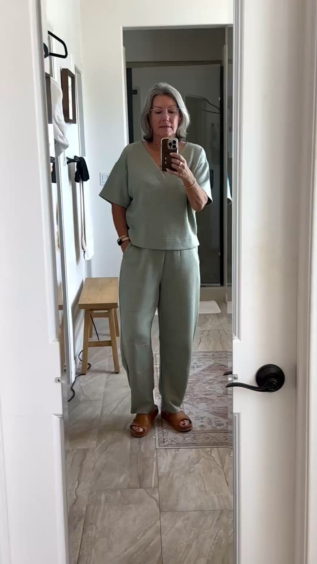 This is a great go to outfit to throw on for almost any occasion. It's polished enough for going out and comfy enough for staying in. The pockets are nice, the barrel leg is super fun. And of course, I love the sage color.  I'm wearing a medium top and bottom and think they fit true to size. 

#LTKdayinmylife #LTKTravel #LTKootd