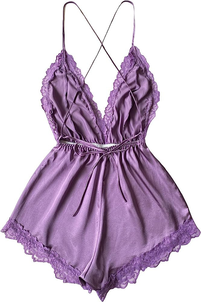 WDIRARA Women's 2023 Satin Teddy Lingerie Lace Deep V Backless Sleeveless Romper Sleepwear | Amazon (US)