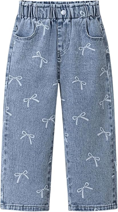 WDIRARA Girl's Cute Bow Pattern Jeans Elastic Waist Wide Leg Denim Pants | Amazon (US)