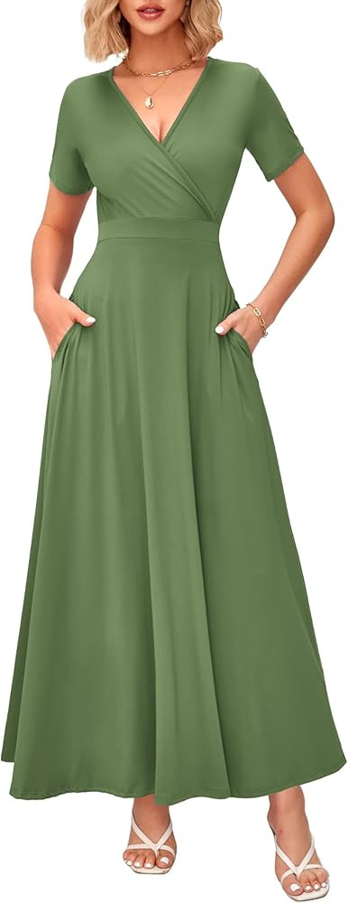WNEEDU Women's Summer Maxi Dress Short Sleeves Wrap V Neck Long Dresses with Pockets | Amazon (US)