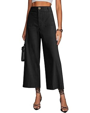miduo Womens High Waisted Cropped Wide Leg Stretchy Straight Pants Trousers with Pockets | Amazon (US)