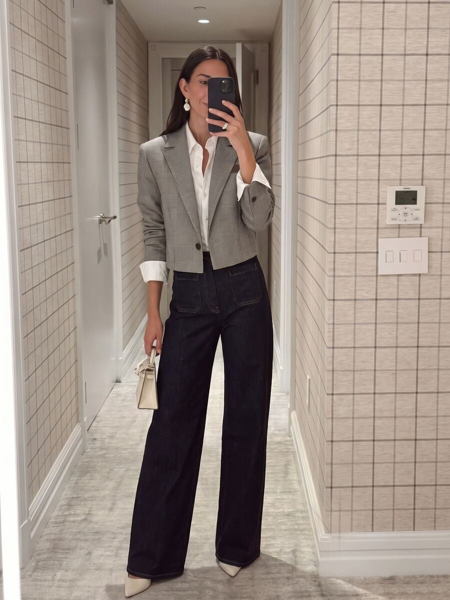 Anewsta New Autumn/Winter Grey Houndstooth Short Blazer, Women's Leather Contrast Color Chest Pocket Single Button Waist-Cinching Petite Vintage Plaid Suit Jacket, Suitable For Office Commute, Dating, Store Visiting, City Outings, Light Social Gatherings, Anniversary Outfits | SHEIN