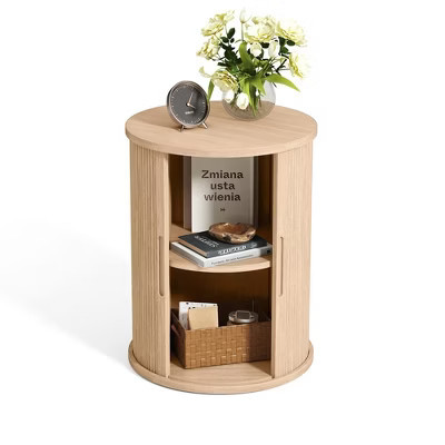 Fluted Round End Table for Living Room or Bedroom, Nightstand with Sliding Tambour Door and Adjustable Shelves | Target