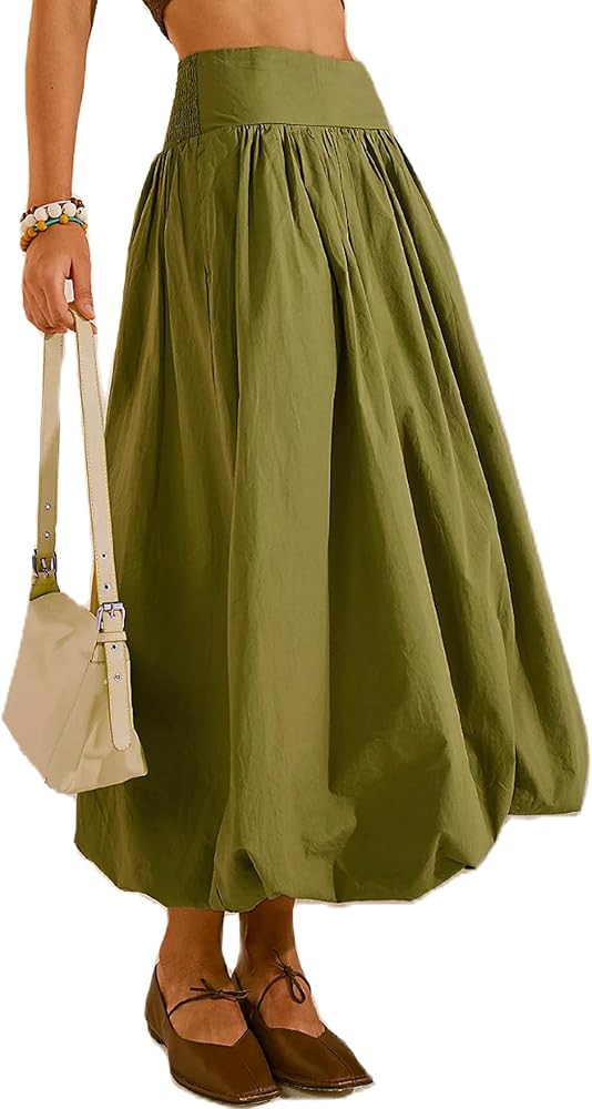 Women's Bubble Long Skirt Elastic Waist A-Line Pleated Ruffle Flowy Balloon Maxi Skirts with Pock... | Amazon (US)