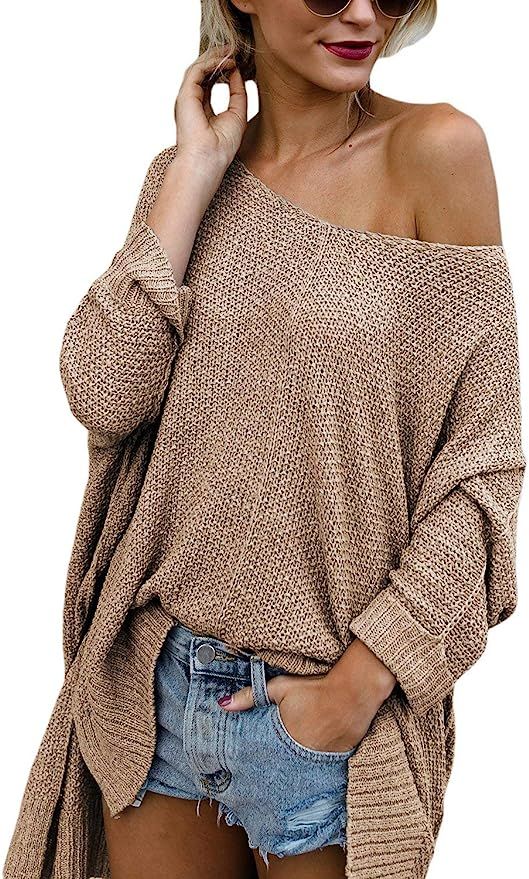 Beyove Women's Off Shoulder Sweater Long Sleeve Loose Pullover Knit Jumper Khaki s | Amazon (US)
