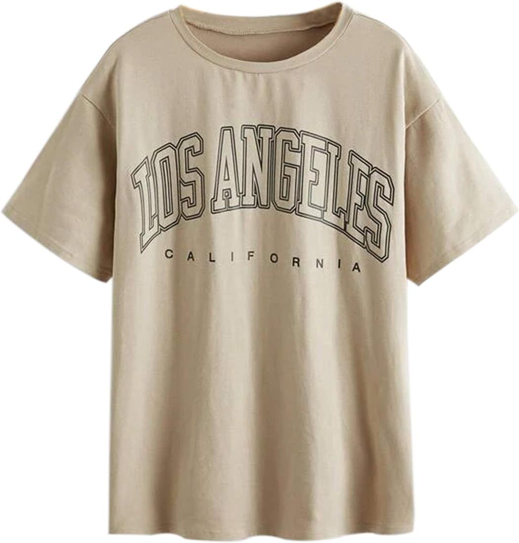 Meladyan Women Casual Los Angeles Letter Print Short Sleeve Tee Shirt Funny Summer Round Neck Shi... | Amazon (CA)