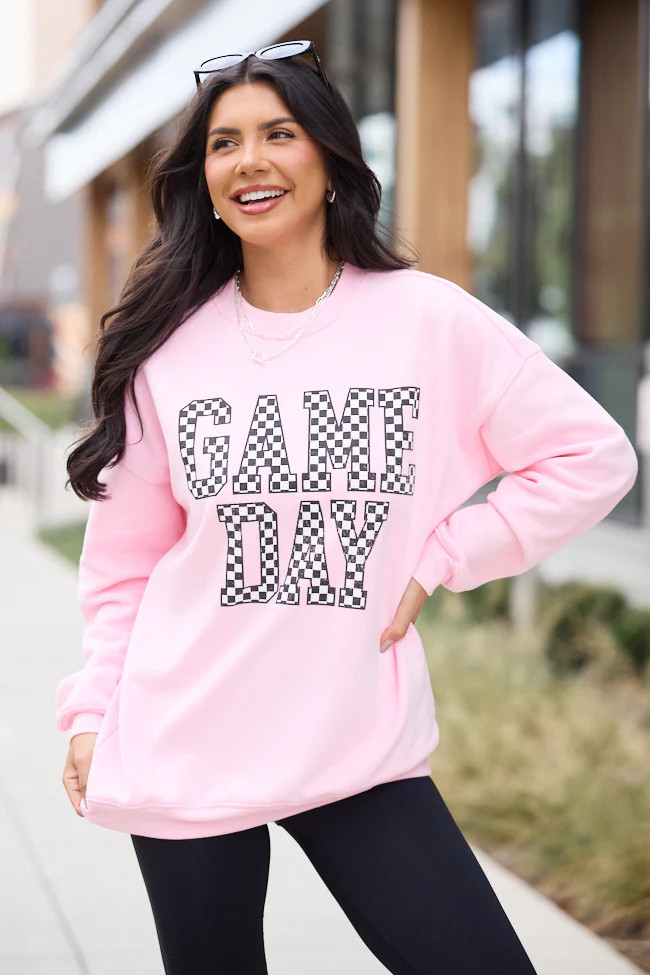 Checkered Game Day Light Pink Graphic Sweatshirt SALE | Pink Lily
