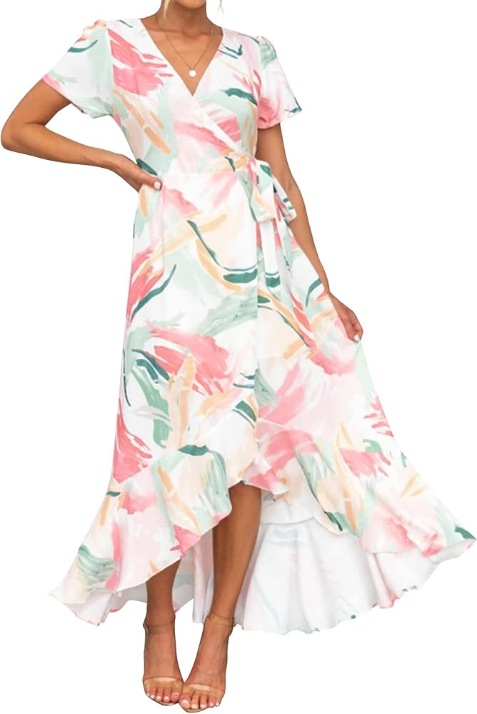 ZESICA Women's Summer Bohemian Floral Printed Wrap V Neck Beach Party Flowy Ruffle Midi Dress | Amazon (US)
