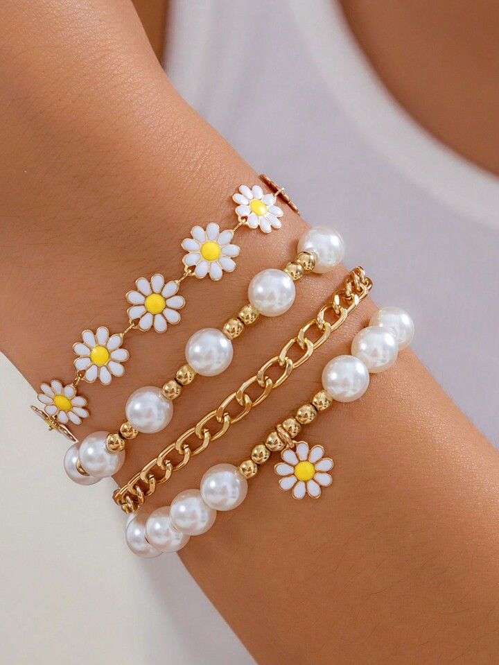 1 Set Of Flower & Faux Pearl Bracelets 4 Pieces Bohemian Style Sunflower & Golden Bead Hand Accessories With Creative Beach Design Valentines,Mom,Mother,Mother's Day,Gift | SHEIN