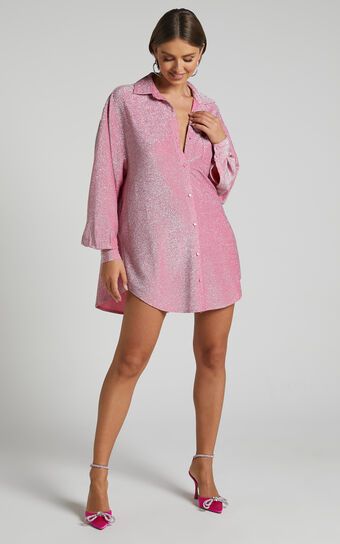 Ruri Mini Dress - Sparkly Oversized Shirt Dress in Pink | Showpo (ANZ)