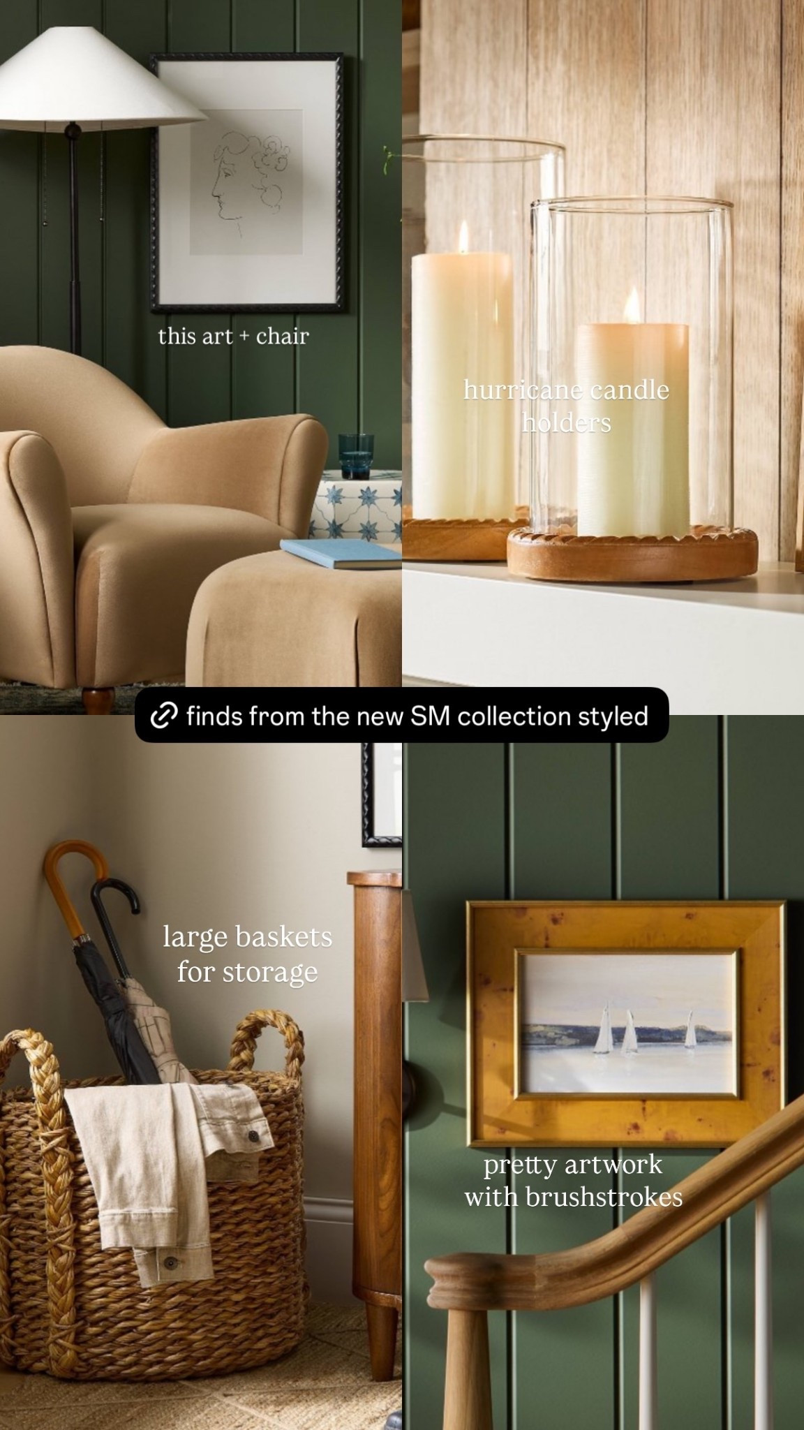 this art + chair hurricane candle 
holders  large baskets
for storage  pretty artwork
with brushstrokes