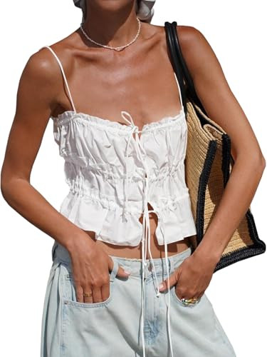 Tankaneo Womens Summer Tie Front Crop Tops Cute Ruffle Ruched Spaghetti Strap Tank Tops Y2K Going... | Amazon (US)