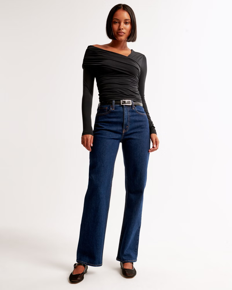 Long-Sleeve Off-The-Shoulder Draped Wrap Top | Abercrombie & Fitch (US)