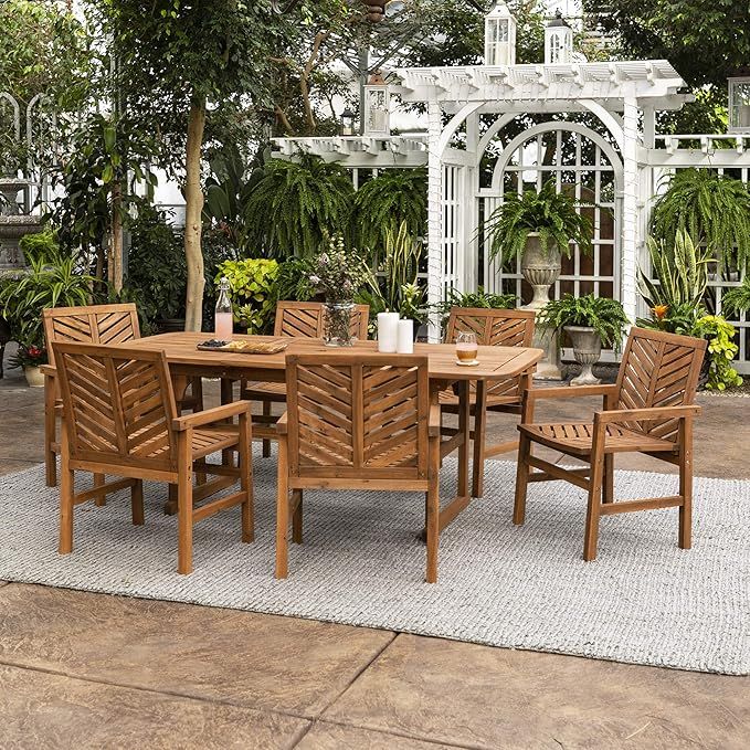 Walker Edison AZW7TXVINBR 6 Person Outdoor Wood Chevron Patio Furniture Dining Set Extendable Tab... | Amazon (US)