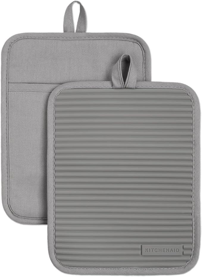 KitchenAid Ribbed Soft Silicone Water Resistant Pot Holder Set, Grey, 2 Piece Set | Amazon (US)