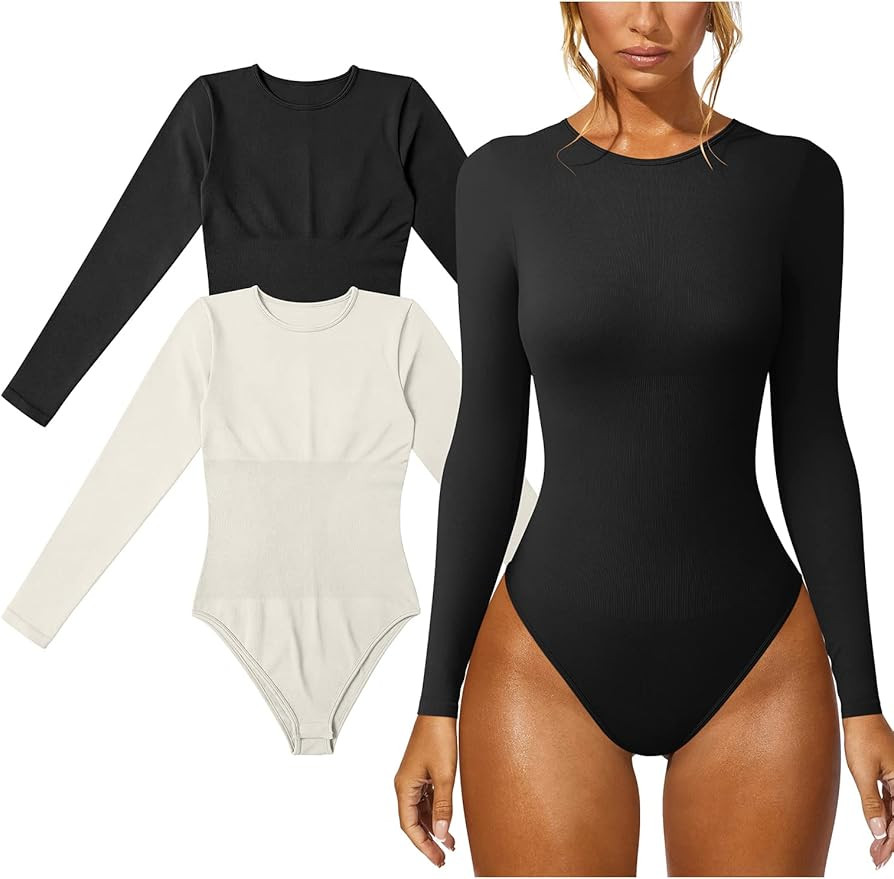GXIN Women's 2 Piece Sexy Bodysuit Long Sleeve Ribbed Bodycon Bodysuits | Amazon (US)