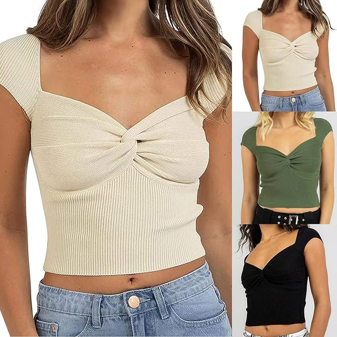 Women Twist Front Sweetheart Neck Tee Crop Top Cap Sleeve Rib-Knit Ruched Slim Cropped Bustier Sh... | Amazon (US)