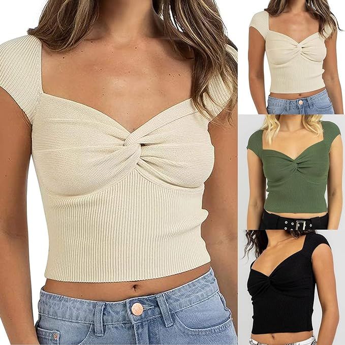 Women Twist Front Sweetheart Neck Tee Crop Top Cap Sleeve Rib-Knit Ruched Slim Cropped Bustier Sh... | Amazon (US)
