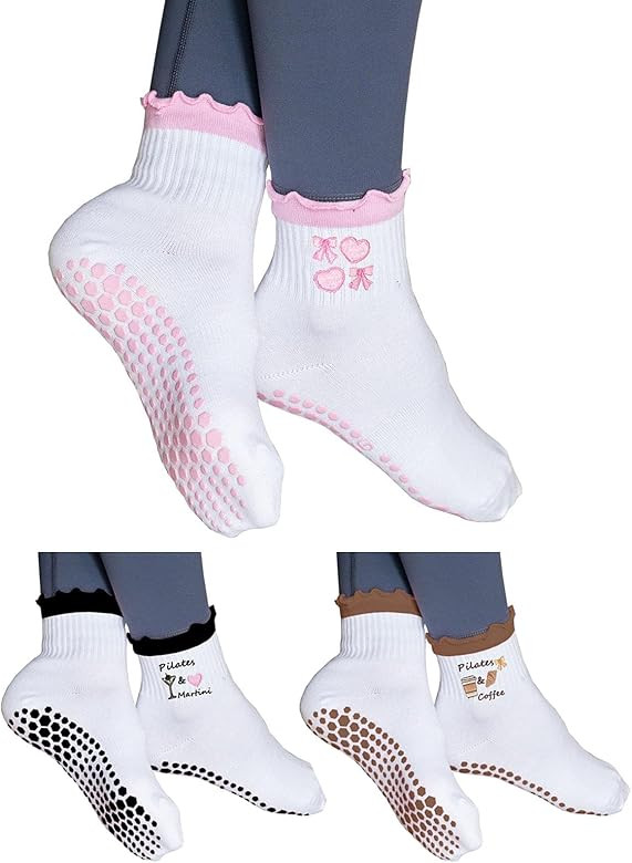 Women Cute Pilates Socks Grip Crew Yoga Socks Ruffle Cuff Embroidery Pattern Workout Ballet Socks | Amazon (US)