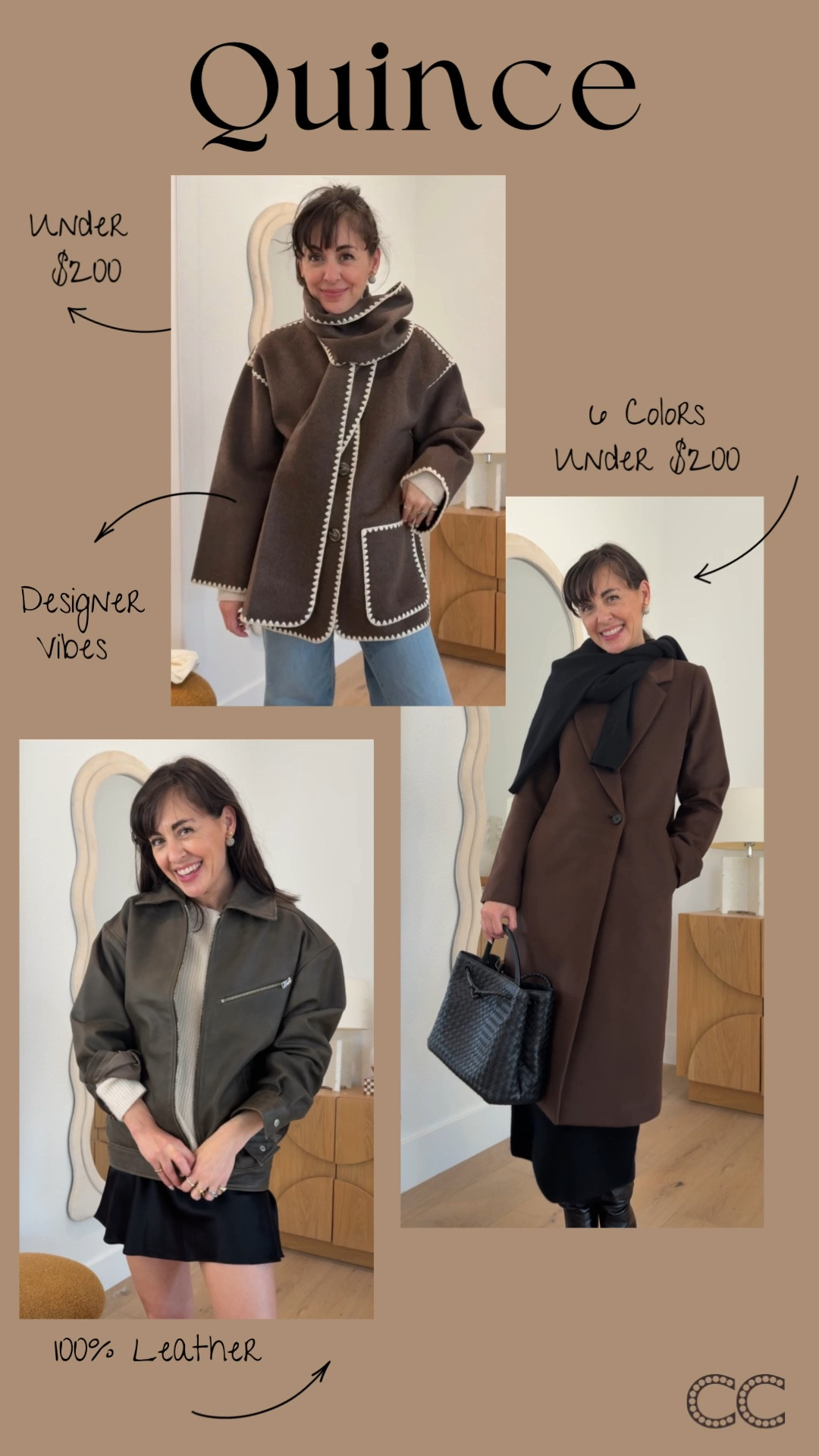 The one stylish thing women of all ages are wearing this fall and winter- a brown coat. Shop my three favorite and these outfits I make with them all @OneQuince #QuincePartner
