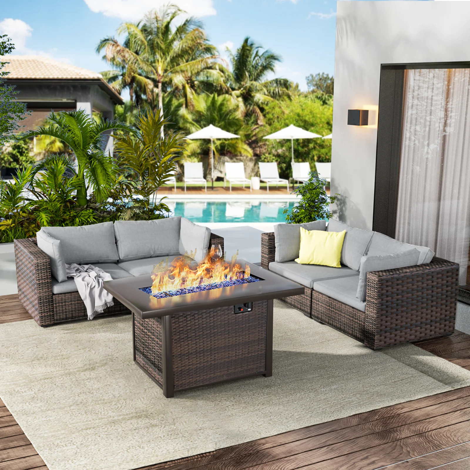 Grezone 5 Pieces Sectional Outdoor Furniture Sofa & Black-Glass Coffee Table, Grey | Walmart (US)