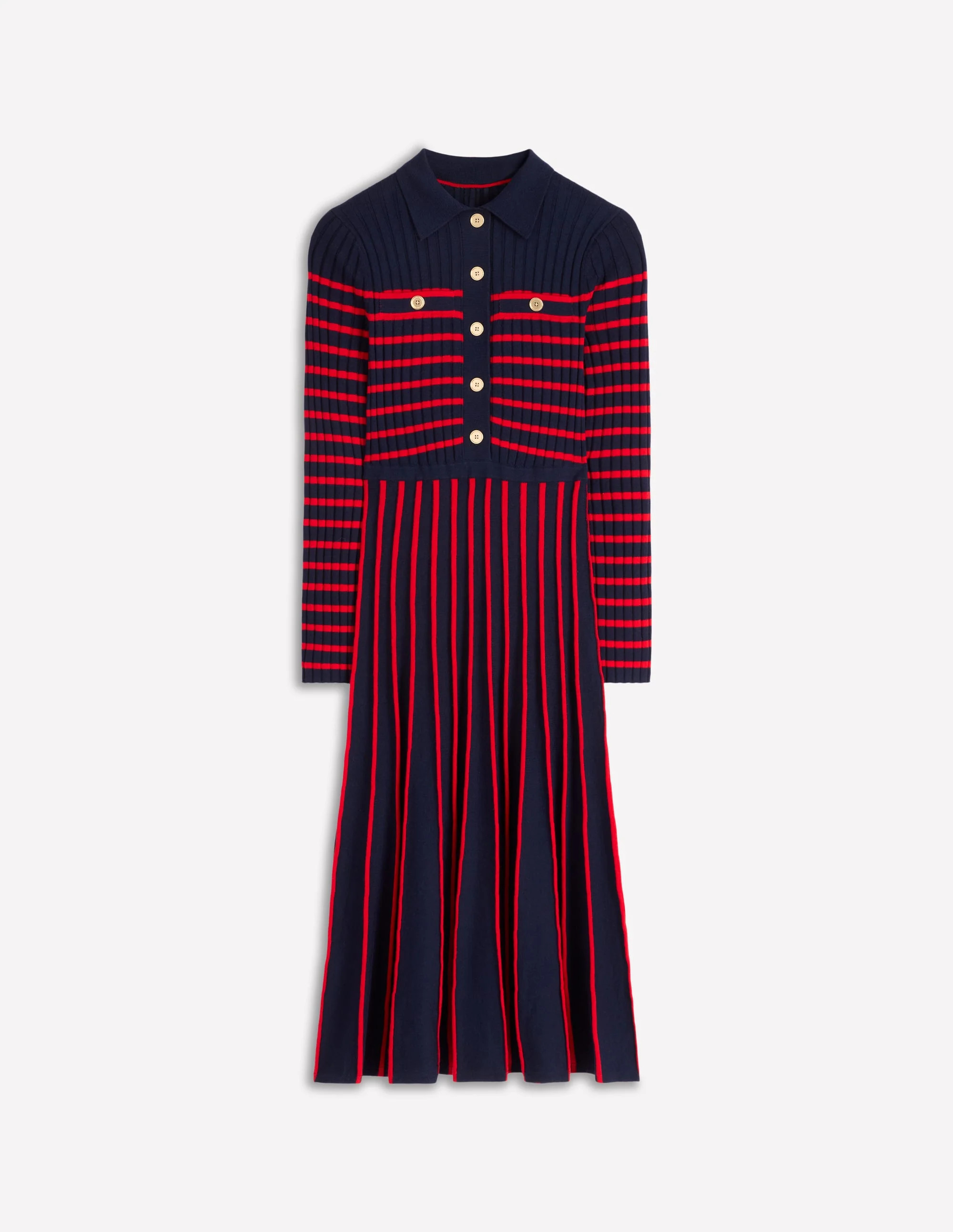 Brönte Knitted Rib Shirt Dress-Navy and Red Stripe | Boden (US)