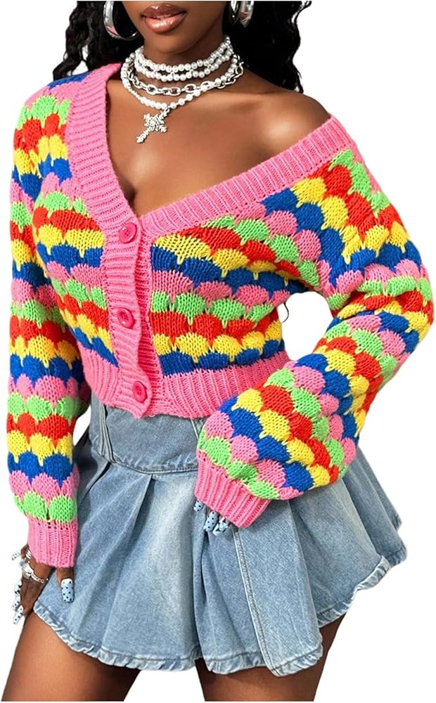 OYOANGLE Womens Rainbow Cardigan Sweaters V Neck Open Front Button Up Color Block Loose Knit Coat... | Amazon (US)