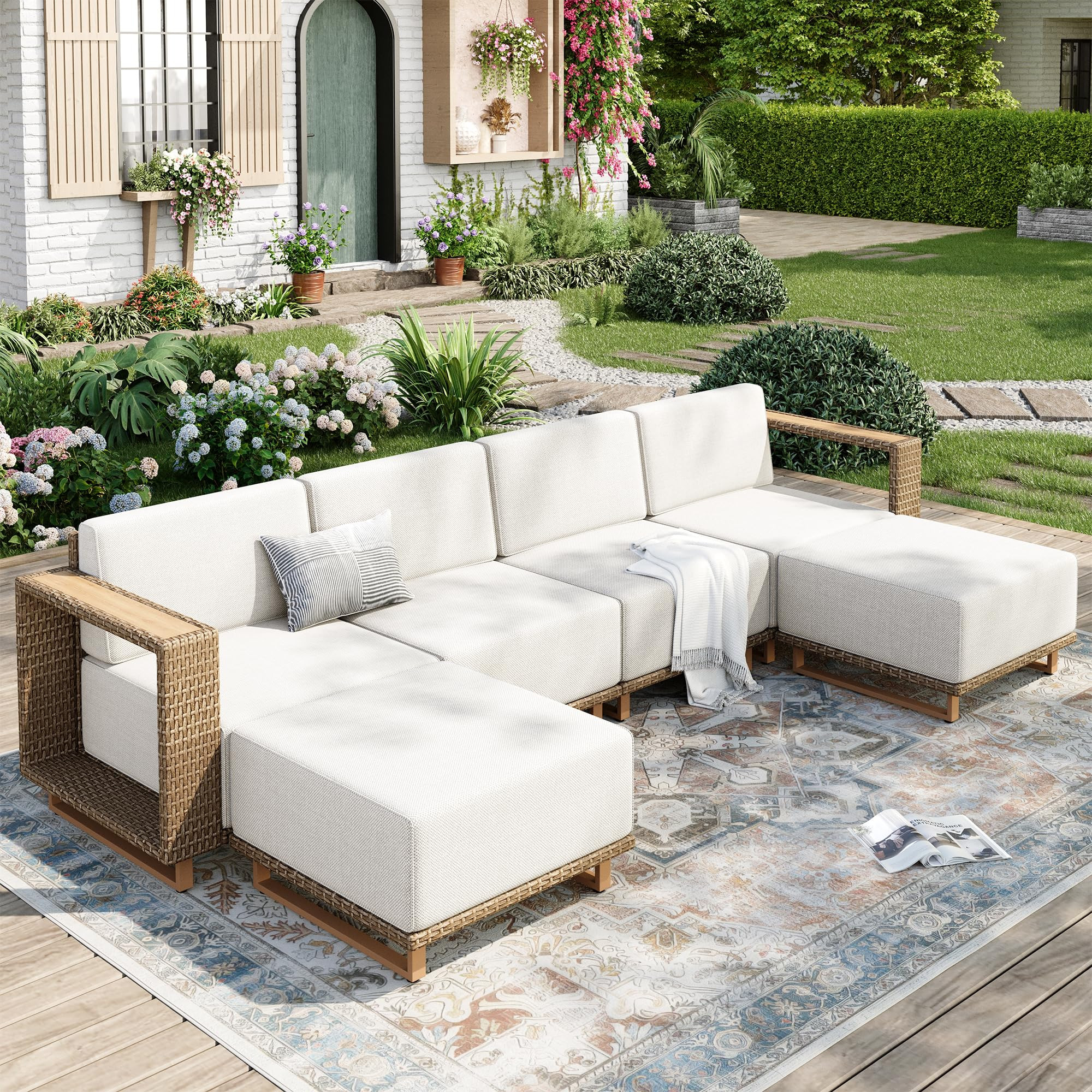 Outdoor Patio Furniture Set, 6 Piece Outdoor Rattan Wicker Sofa Couch Set, Sectional Outdoor Conv... | Amazon (US)