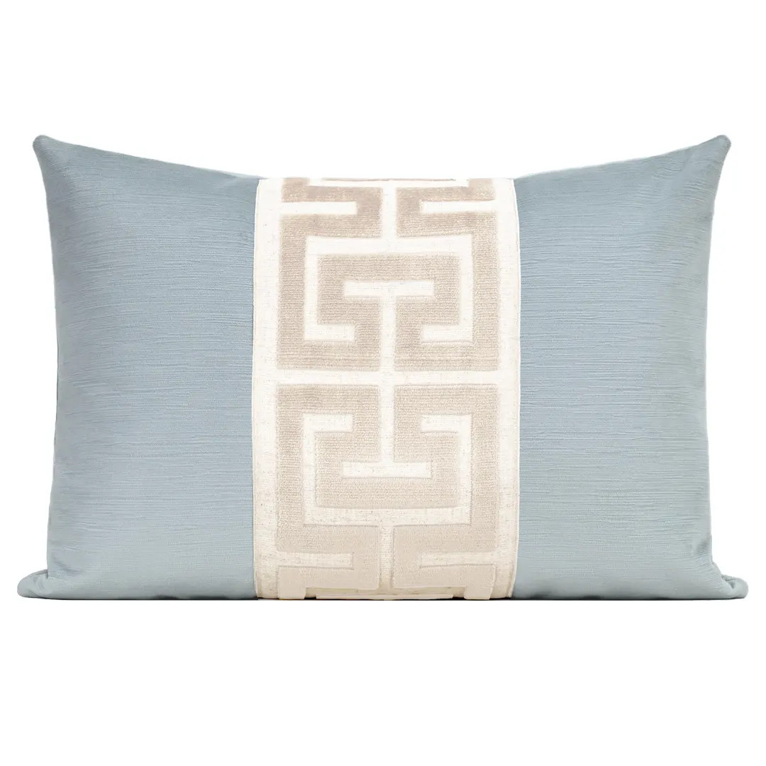 Spa Blue Velvet Pillow Cover With Pearl Greek Key Trim, Blue Velvet Pillow Cover With Large Greek... | Etsy (US)