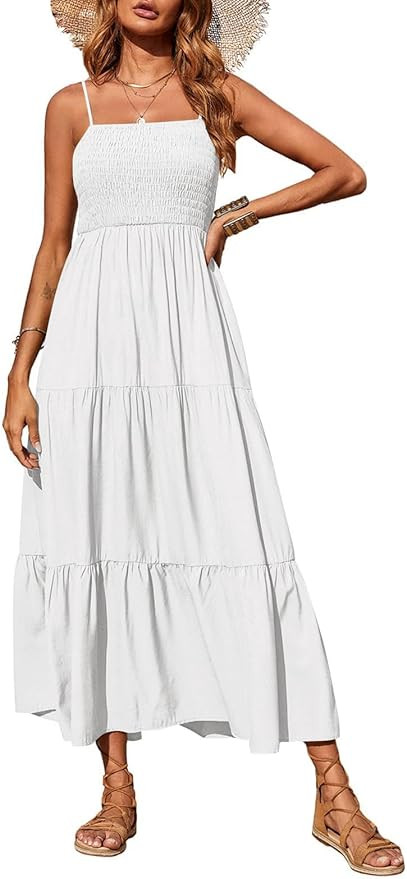 PRETTYGARDEN Women's Summer Maxi Dress 2026 Casual Boho Sleeveless Spaghetti Strap Smocked Tiered... | Amazon (US)