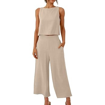 Linen Sets For Women 2 Piece Trendy Sleeveless Crop Top Wide Leg Pants Lounge Summer Outfits Beac... | Amazon (US)