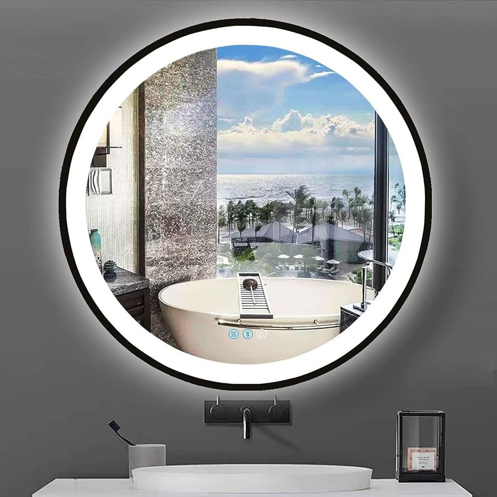 LED Round Lighted Bathroom Mirror with Lights for Bathroom Wall Black Frame Vanity Light Mirrors ... | Amazon (US)