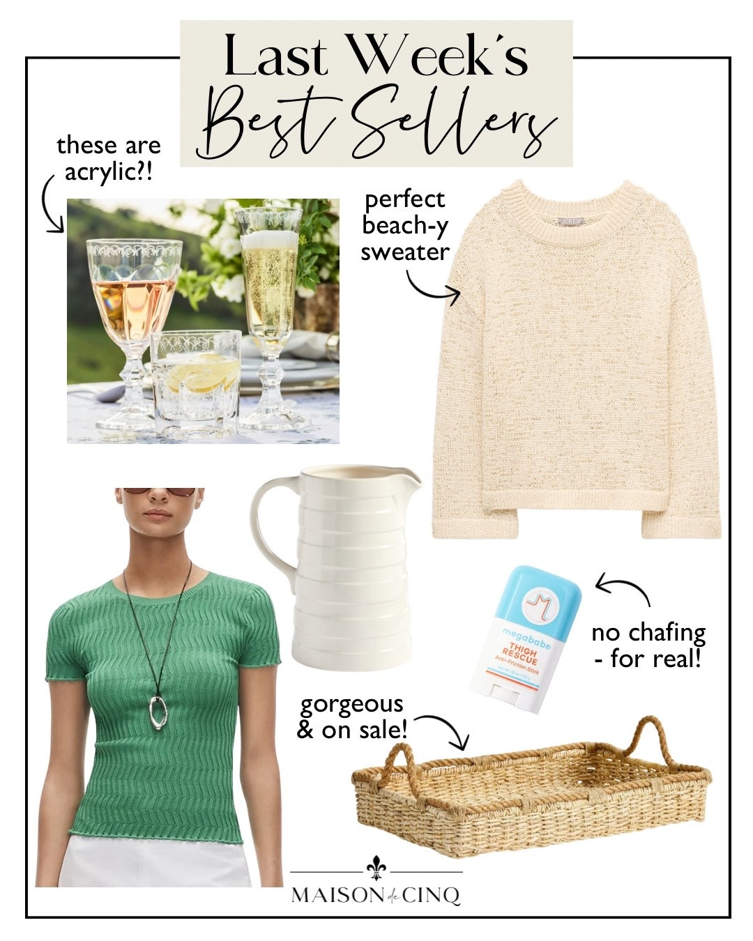 Last week’s best sellers include the perfect beachy sweater, the perfect tray on sale, glasses you can’t believe are acrylic and more!

Home decor, outdoor decor, summer entertaining, summer tops, summer sweater, wicker tray, pitcher

#LTKSeasonal #LTKOver40 #LTKHome