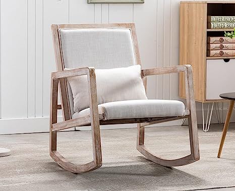 Mid Century Rocking Chair with Wood Frames, Linen Fabric Upholstered Farmhouse Living Room Chair,... | Amazon (US)