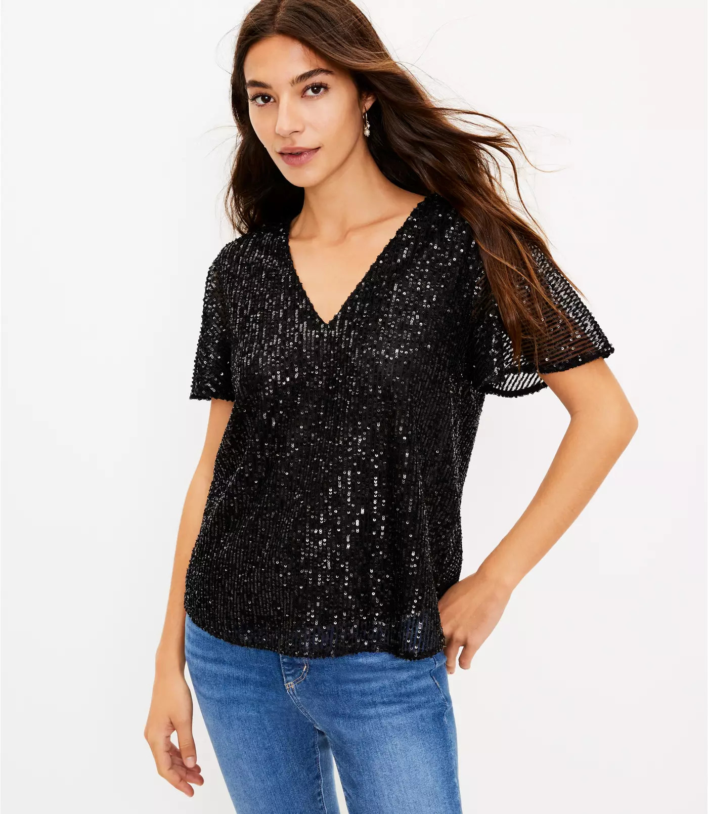 Sequin Flutter Sleeve Top | LOFT