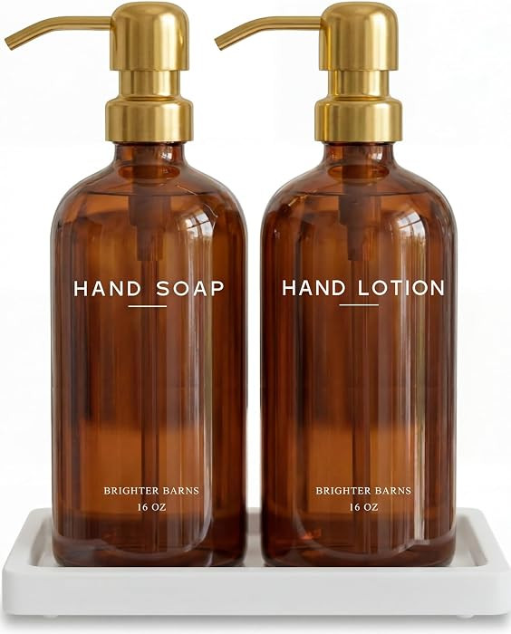 Luxury Glass Soap and Lotion Dispenser Set with Tray by Brighter Barns - Hand Soap Dispenser Bath... | Amazon (US)