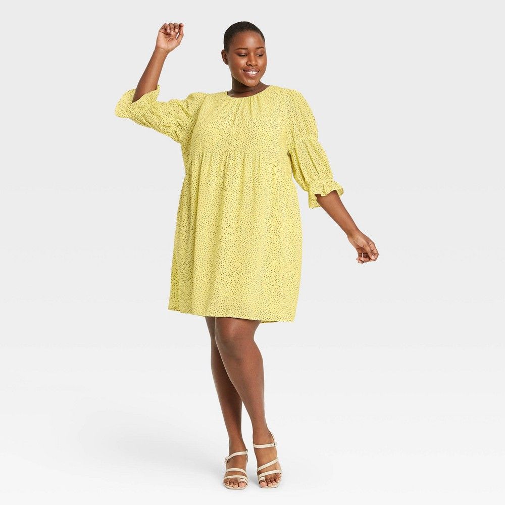 Women's Plus Size Dash Print Puff Elbow Sleeve A-Line Dress - Who What Wear Yellow 2X | Target