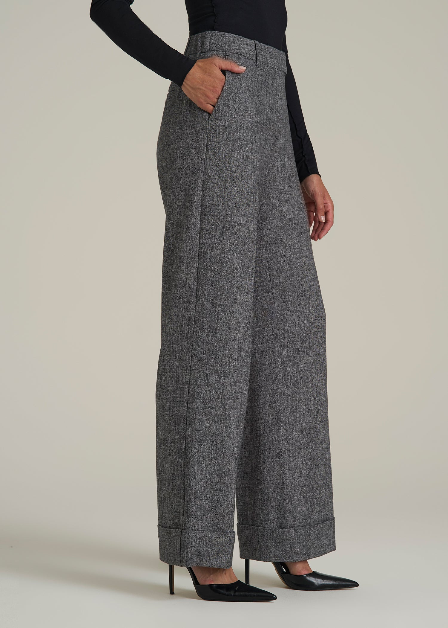 Wide-Leg Cuffed Pants for Tall Women in Black and Grey Tweed | American Tall