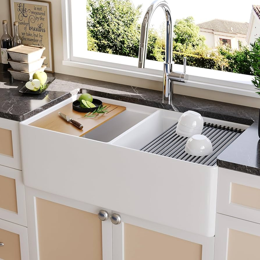 DeerValley Farmhouse Sink Workstation, 33 inch White Fireclay Apron Front Farm Sinks, Double Bowl... | Amazon (US)