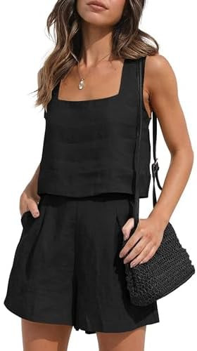 Womens Linen 2 Piece Outfits Lounge Sets sleeveless Tank Tops and High Waist Shorts Summer Vacati... | Amazon (US)